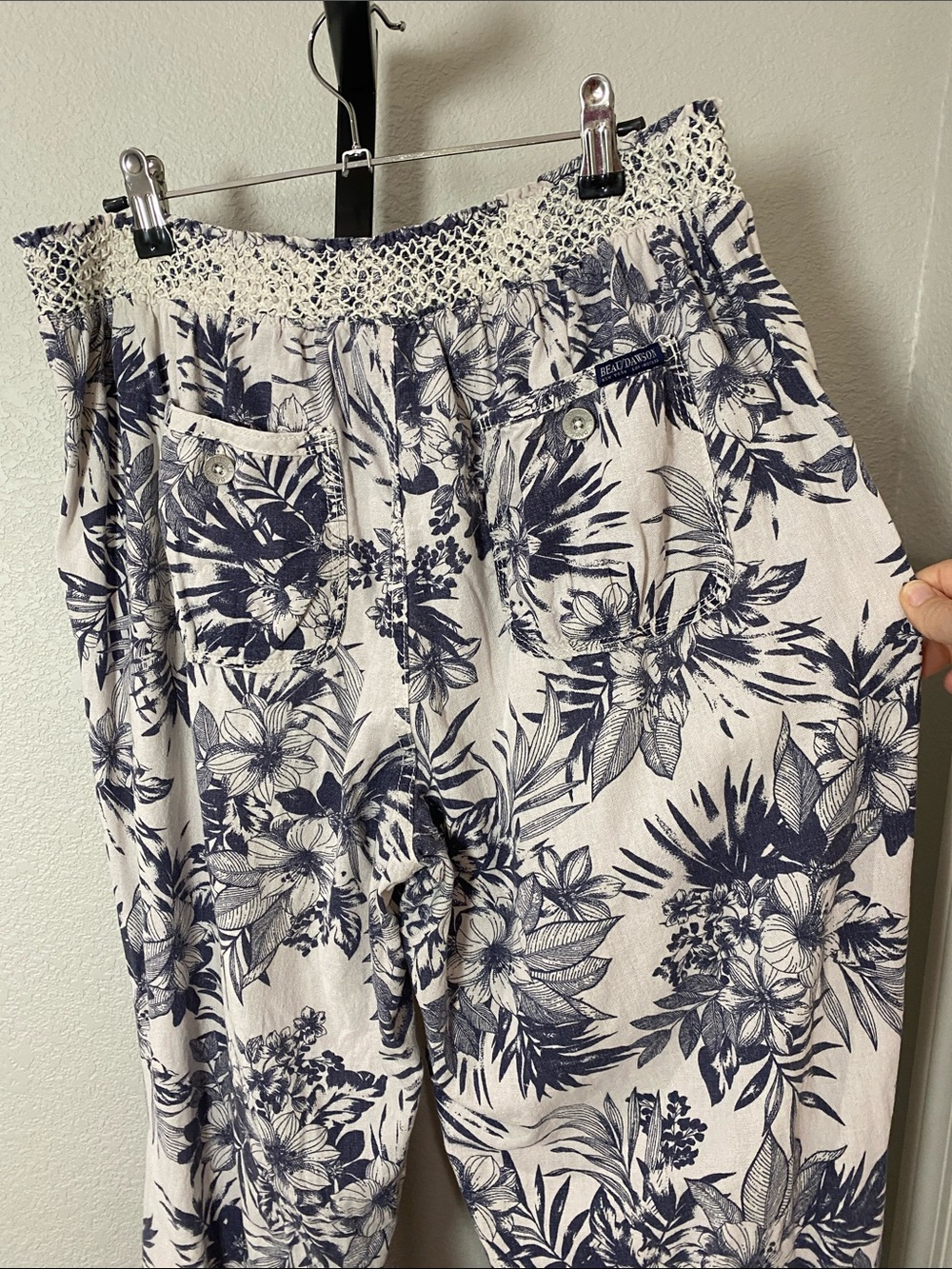 Linen and Rayon Navy Floral Beachy Smocked Waist Wide-Leg  pants - Picture 9 of 11